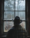 A man in a cowboy hat gazes out a window of a building Royalty Free Stock Photo