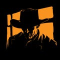 Man with cowboy hat silhouette in backlight. Vector. Illustration.