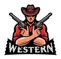 Man in cowboy hat and two revolvers. Western emblem. Shooter with pistols, guns logo. Cartoon vector illustration