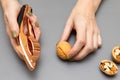 man cracking a walnut with a nutcracker Royalty Free Stock Photo