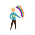 Magician man creating colorful rainbow by magic stick. Person with magical powers. Flat vector design Royalty Free Stock Photo