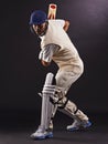 Man, cricket and athlete with sports bat in studio for professional match, competition or black background. Male person Royalty Free Stock Photo