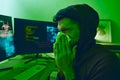 Man, crime or sick hacker with virus in office for coding, online fraud or computer cybersecurity at night. Tissue