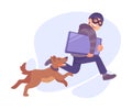 Man Criminal in Mask Escaping with Computer Committing Crime with Dog Chasing Him Vector Illustration