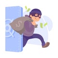 Man Criminal in Mask Escaping with Money Sack from Safe Committing Crime Vector Illustration