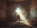 Man Before the Cross in Abandoned Building Royalty Free Stock Photo