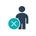 Man with cross checkmark colored icon. User profile, employee rejected symbol