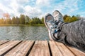Man with crossed legs relaxing on the wooden jetty Royalty Free Stock Photo