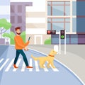 Man crossing street with guide-dog flat vector illustration. Crosswalk, traffic lights green signal. Blind people