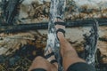 Man crossing through the wooden bridge in flip flops Royalty Free Stock Photo