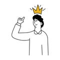 A man with a crown on his head and points to her hand. Positive self-esteem and successful leader man. Positive mood in the office