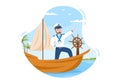 Man Cruise Ship Captain Cartoon Illustration in Sailor Uniform Riding a Ships, Looking with Binoculars or Standing on the Harbor Royalty Free Stock Photo