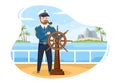 Man Cruise Ship Captain Cartoon Illustration in Sailor Uniform Riding a Ships, Looking with Binoculars or Standing on the Harbor Royalty Free Stock Photo