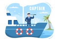 Man Cruise Ship Captain Cartoon Illustration in Sailor Uniform Riding a Ships, Looking with Binoculars or Standing on the Harbor Royalty Free Stock Photo