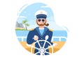 Man Cruise Ship Captain Cartoon Illustration in Sailor Uniform Riding a Ships, Looking with Binoculars or Standing on the Harbor Royalty Free Stock Photo