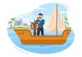 Man Cruise Ship Captain Cartoon Illustration in Sailor Uniform Riding a Ships, Looking with Binoculars or Standing on the Harbor Royalty Free Stock Photo