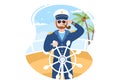 Man Cruise Ship Captain Cartoon Illustration in Sailor Uniform Riding a Ships, Looking with Binoculars or Standing on the Harbor Royalty Free Stock Photo