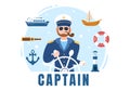 Man Cruise Ship Captain Cartoon Illustration in Sailor Uniform Riding a Ships, Looking with Binoculars or Standing on the Harbor Royalty Free Stock Photo