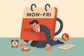 Man Crushed by Workweek Calendar Symbolizing Burnout, Flat Vector Style, AI generated Royalty Free Stock Photo