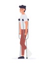 Man on crutches with broken leg in gypsum. Disabled male character during foot bone treatment. Vector illustration of