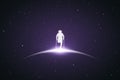 Man on crutches. Disabled man silhouette. Glowing outline in space