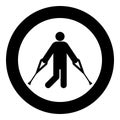 Man with crutchs crutches broken leg in cast gypsum bone injury fracture icon in circle round black color vector illustration