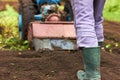 A man cultivating soil with hand tractor, motor block