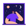 Man with cup of tea, coffee, in the window, enjoying the view of night starry sky and moon. Male modern character and space