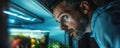 Close-up of a man with a curious and surprised expression uncovering forgotten leftovers in the refrigerator at night Royalty Free Stock Photo