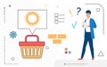 Man customer character with mobile phone and shopping basket line icons isolated