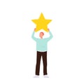 Man customer holding golden rating star overhead giving recommendation and best evaluation