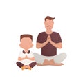 A man with a cute baby is sitting doing meditation. Isolated. Cartoon style. Royalty Free Stock Photo