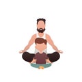 A man with a cute baby is sitting and doing yoga. Isolated. Cartoon style. Royalty Free Stock Photo