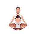 A man with a cute baby is sitting doing yoga in the lotus position. Isolated. Cartoon style. Royalty Free Stock Photo