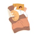 Man and cute dog sleeping in bed together. Sleepy person asleep, lying with canine animal. Doggy owner dreaming under