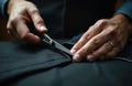 Man cuts black fabric with scissors. Craftsman hands hold sharpened tool for precision sewing. Focused work on textile industry Royalty Free Stock Photo