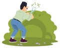 Man cuts bushes. Garden working. Illustration for internet and mobile website