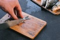 Man cuts the fins of the carp fish. Cooking fish. Hands close up. Royalty Free Stock Photo