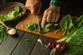 A man cuts fresh spinach for a vegetable salad on a cutting board. Cooking vegetarian food at home. The idea of a vegetable diet Royalty Free Stock Photo