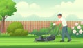 Man cuts the lawn with a lawn mower in the garden. Gardener. Vector illustration