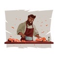 Man cuts meat. Cartoon butcher chef with knife mincing pork beef steak, professional cook preparing fresh meat for