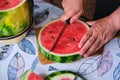 A man cuts a watermelon circle into triangular segments on a board on a plastic-covered table Royalty Free Stock Photo