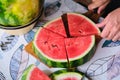 A man cuts a watermelon circle into triangular segments on a board on a plastic-covered table Royalty Free Stock Photo