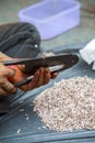 Man cutting betel nuts on the street of Mumbai