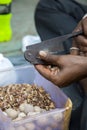 Man cutting betel nuts on the street of Mumbai