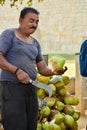 Man cutting coconut with bill hook knife in Kerala ,outside the temple