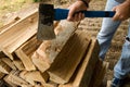 Man Cutting Firewood with a Blue Axe Royalty Free Stock Photo