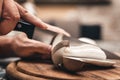 Man is cutting fresh raw king oyster mushrooms, ingredient of a gourmet diner Royalty Free Stock Photo