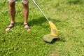 Man cutting the grass in the backyard with a lawn mower, trimmer, detail. Copy space Royalty Free Stock Photo