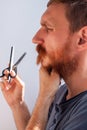 Man cutting his own beard and mustache with scissors and comb. Caucasian red bearded male trimming hair on face at home Royalty Free Stock Photo